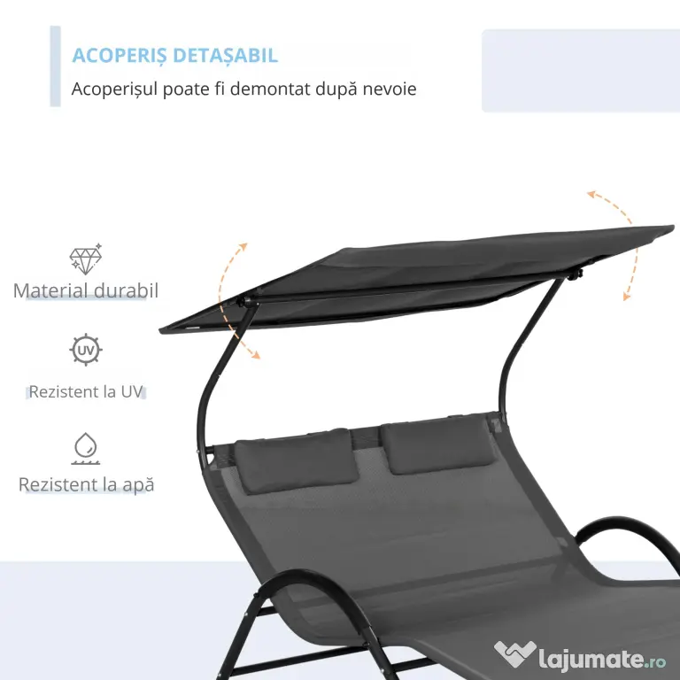 Outsunny Sezlong de exterior pentru gradina cu acoperis parasolar, gri inchis | AOSOM RO