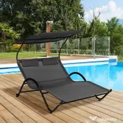 Outsunny Șezlong Dublu de Grădină pentru 2 Persoane, cu Acoperiș Parasolar și Roți, Pat de Exterior Reglabil pentru Curte, Terasă sau Piscină 