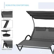 Outsunny Șezlong Dublu de Grădină pentru 2 Persoane, cu Acoperiș Parasolar și Roți, Pat de Exterior Reglabil pentru Curte, Terasă sau Piscină 