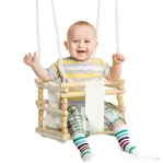 AIYAPLAY Leagan pentru copii 9-36 luni din lemn si bumbac, pentru spatii interioare si exterioare cu franghie reglabila si perna detasabila, 30x30x110-180 cm, culoarea lemnului si alb