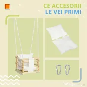 AIYAPLAY Leagăn pentru Copii din Lemn și Bumbac cu Frânghie Reglabilă, pentru Spații Interioare și Exterioare, 30x30x110-180 cm, Alb | Aosom Romania 
