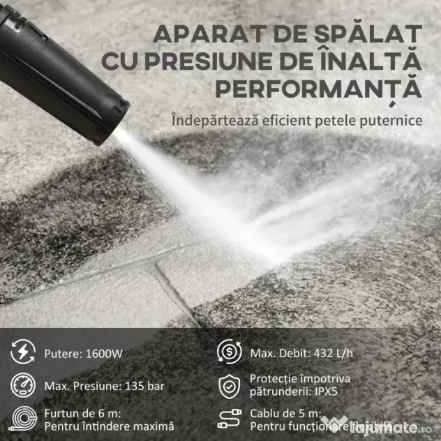 DURHAND Aparat de Spălat cu Presiune Înaltă, Duză Reglabilă și Kit de Curățare, 23.5x27x68 cm, Albastru | Aosom Romania