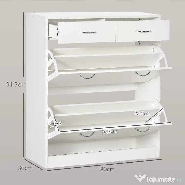 HOMCOM Etajeră pentru Pantofi, 12 Perechi, cu 2 Rafturi Interioare Reglabile și 2 Sertare, din Lemn, 80x30x91.5 cm, Alb | Aosom Romania