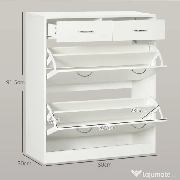 HOMCOM Etajeră pentru Pantofi, 12 Perechi, cu 2 Rafturi Interioare Reglabile și 2 Sertare, din Lemn, 80x30x91.5 cm, Alb | Aosom Romania