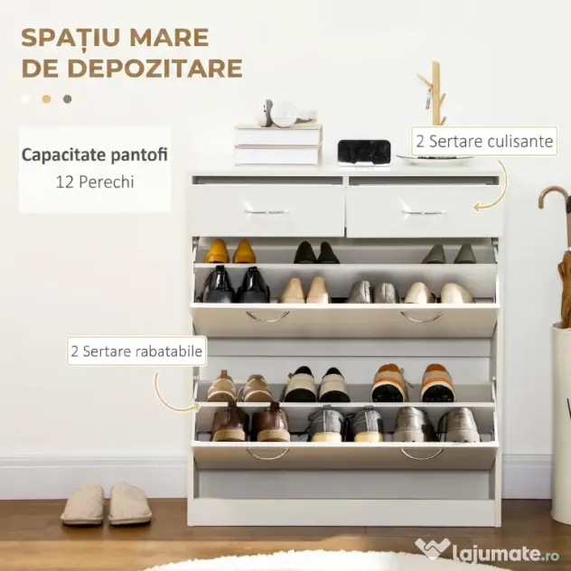 HOMCOM Etajeră pentru Pantofi, 12 Perechi, cu 2 Rafturi Interioare Reglabile și 2 Sertare, din Lemn, 80x30x91.5 cm, Alb | Aosom Romania
