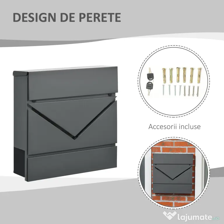 HOMCOM Cutie Postala din Otel Zincat cu Suport Ziare si 2 Chei de Securitate incluse, 37x10.5x37 cm, Gri | Aosom Romania