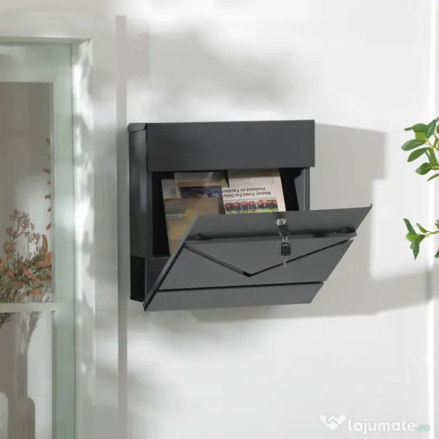HOMCOM Cutie Postala din Otel Zincat cu Suport Ziare si 2 Chei de Securitate incluse, 37x10.5x37 cm, Gri | Aosom Romania
