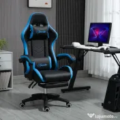 Scaun de gaming din piele ecologica PU si otel cu inaltime reglabila si spatar inclinabil, 65x65x121-129 cm, albastru si negru | Aosom Romania 
