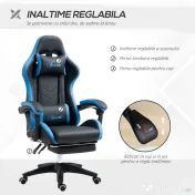 Scaun de gaming din piele ecologica PU si otel cu inaltime reglabila si spatar inclinabil, 65x65x121-129 cm, albastru si negru | Aosom Romania 