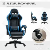 Scaun de gaming din piele ecologica PU si otel cu inaltime reglabila si spatar inclinabil, 65x65x121-129 cm, albastru si negru | Aosom Romania 