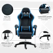 Scaun de gaming din piele ecologica PU si otel cu inaltime reglabila si spatar inclinabil, 65x65x121-129 cm, albastru si negru | Aosom Romania 