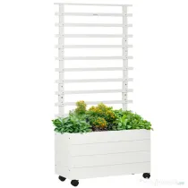 Outsunny Jardiniera inaltata verticala cu 4 roti si suport pentru plantele cataratoare, din  lemn de brad, 76x30x155cm, alb
