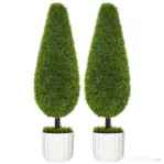 HOMCOM Set de 2 plante false de chiparos cu ghivece Ø12x16 cm, mușchi și ciment, din PE și plastic, verde și alb