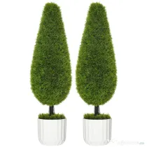 HOMCOM Set de 2 plante false de chiparos cu ghivece Ø12x16 cm, mușchi și ciment, din PE și plastic, verde și alb