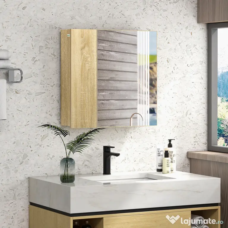 Kleankin Dulap Oglindă Baie Montaj Perete Uși Duble Rafturi Natural | Aosom Romania