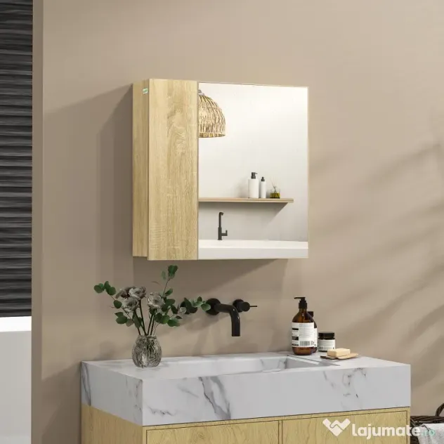 Kleankin Dulap Oglindă Baie Montaj Perete Uși Duble Rafturi Natural | Aosom Romania