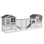 PawHut Adapost din Lemn pentru Iepuri pentru Exterior cu 2 Custi si Zona Deschisa Imprejmuita cu Usi si Rampe, 259x64x92 cm, Gri