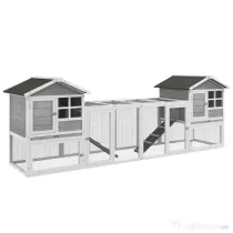 PawHut Adapost Lemn Iepuri Exterior 2 Custi Zona Deschisa Imprejmuita Usi Rampe 259x64x92 cm Gri | Aosom Romania