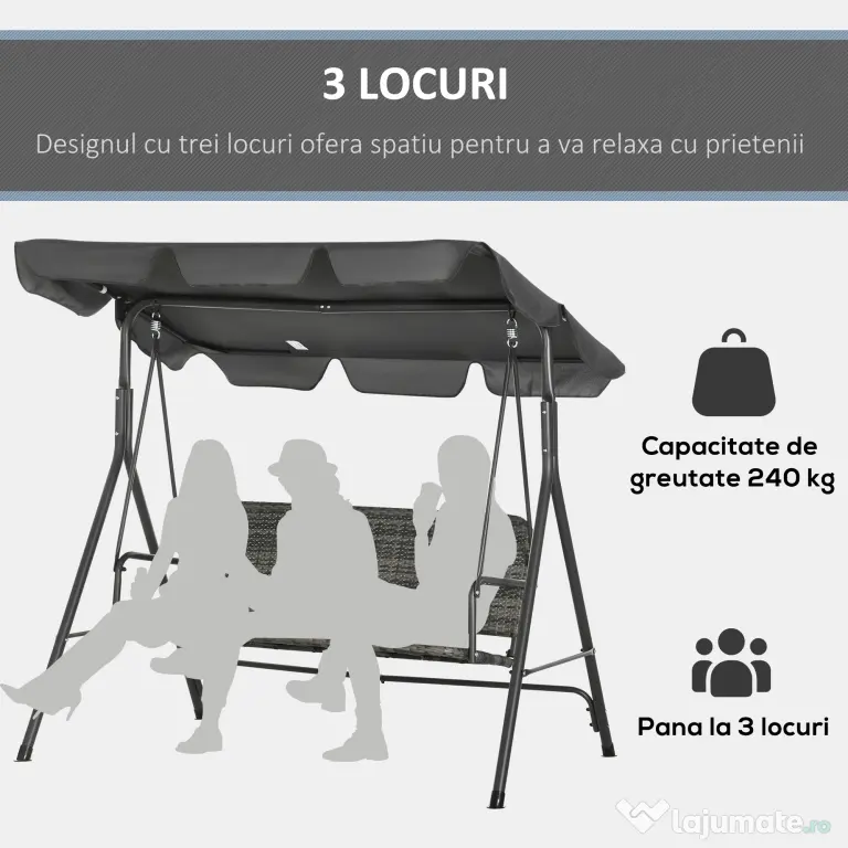 Outsunny Balansoar de Grădină cu 3 Locuri și Parasolar Reglabil, 167x112x153 cm, Gri Închis | Aosom Romania