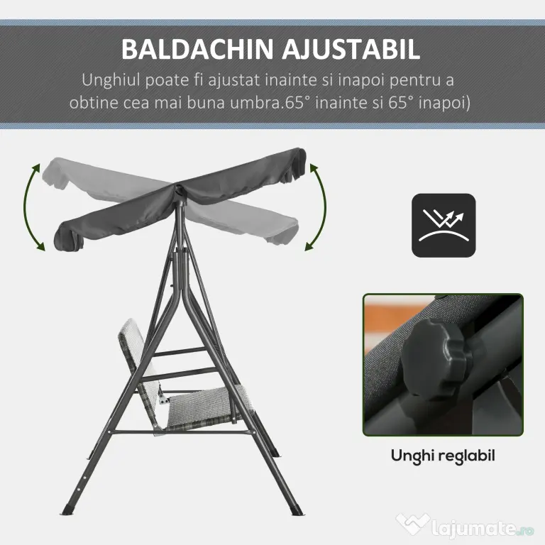 Outsunny Balansoar de Grădină cu 3 Locuri și Parasolar Reglabil, 167x112x153 cm, Gri Închis | Aosom Romania