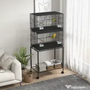 PawHut Cusca Dubla Stivuibila de 164cm pentru Pasari, pe Roti cu Suport, Tava Detasabila, Panou de Plasa Jos, Containere pentru Hrana | Aosom Romania 