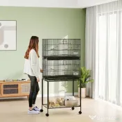 PawHut Cusca Dubla Stivuibila de 164cm pentru Pasari, pe Roti cu Suport, Tava Detasabila, Panou de Plasa Jos, Containere pentru Hrana | Aosom Romania 