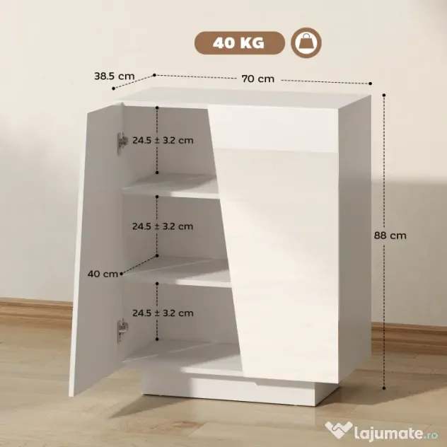 HOMCOM Dulap Multifuncțional cu 3 Nivele, Design Modern din PA Alb, Poliță Reglabilă, Bază Înălțată, 70x40x88 cm | Aosom Romania