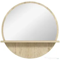 kleankin Oglindă de Baie Rotundă din PAL și Sticlă cu Raft pentru Depozitare și 2 Cârlige pentru Fixare, Ø45x10 cm, Lemn Natural | Aosom Romania