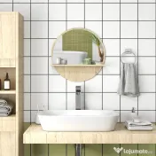 kleankin Oglindă de Baie Rotundă din PAL și Sticlă cu Raft pentru Depozitare și 2 Cârlige pentru Fixare, Ø45x10 cm, Lemn Natural | Aosom Romania 