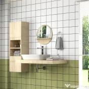 kleankin Oglindă de Baie Rotundă din PAL și Sticlă cu Raft pentru Depozitare și 2 Cârlige pentru Fixare, Ø45x10 cm, Lemn Natural | Aosom Romania 