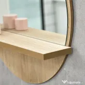 kleankin Oglindă de Baie Rotundă din PAL și Sticlă cu Raft pentru Depozitare și 2 Cârlige pentru Fixare, Ø45x10 cm, Lemn Natural | Aosom Romania 