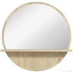 kleankin Oglindă de Baie Rotundă din PAL și Sticlă cu Raft pentru Depozitare și 2 Cârlige pentru Fixare, Ø45x10 cm, Lemn Natural
