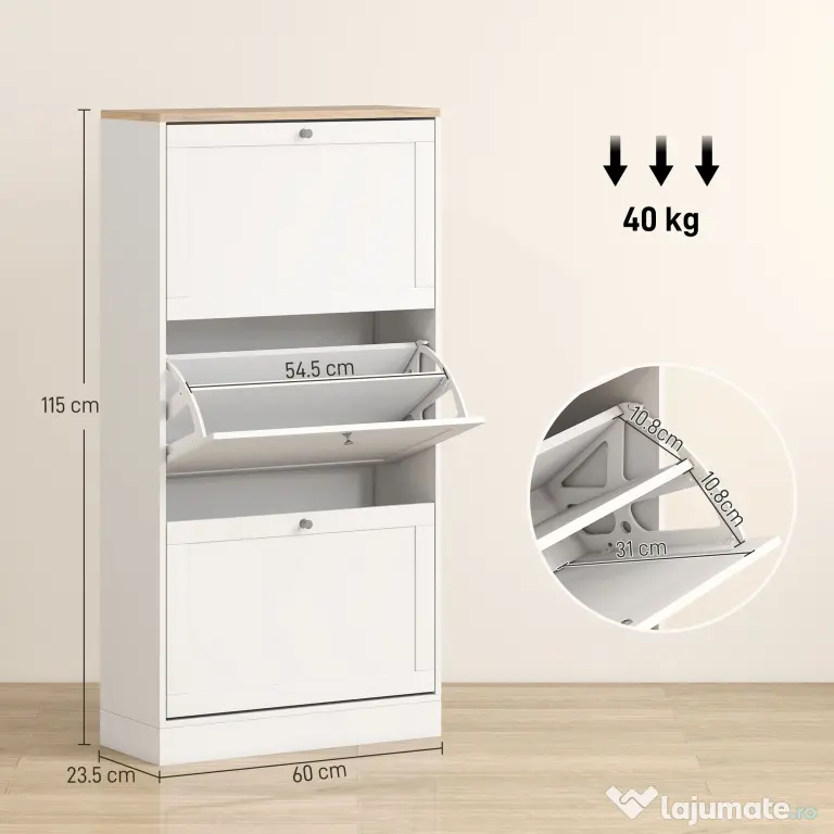 HOMCOM Dulap Îngust pentru Pantofi cu 3 Sertare și Rafturi Reglabile pe 2 Niveluri, 60x23,5x115 cm, Negru | Aosom Romania