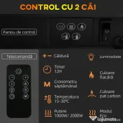 HOMCOM Șemineu Electric 1000W/2000W, Șemineu Electric Independent cu Telecomandă și Protecție la Supraîncălzire, 61x28x66,5 cm, Alb | Aosom Romania