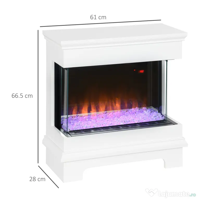 HOMCOM Șemineu Electric cu 10 Culori, Oprire Automată și Timer 12h, 61x28x66.5 cm, Alb