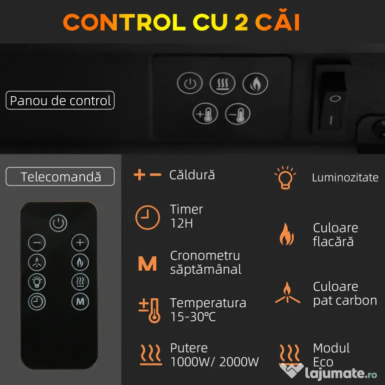 HOMCOM Șemineu Electric cu 10 Culori, Oprire Automată și Timer 12h, 61x28x66.5 cm, Alb