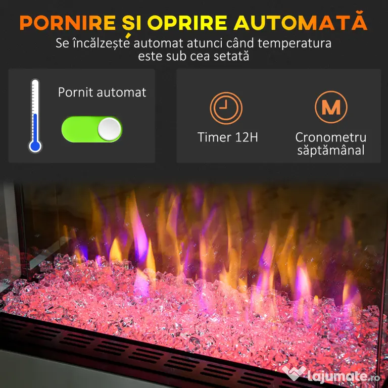 HOMCOM Șemineu Electric cu 10 Culori, Oprire Automată și Timer 12h, 61x28x66.5 cm, Alb