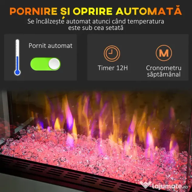 HOMCOM Șemineu Electric cu 10 Culori, Oprire Automată și Timer 12h, 61x28x66.5 cm, Alb