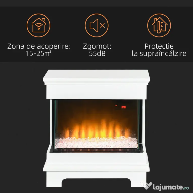 HOMCOM Șemineu Electric cu 10 Culori, Oprire Automată și Timer 12h, 61x28x66.5 cm, Alb