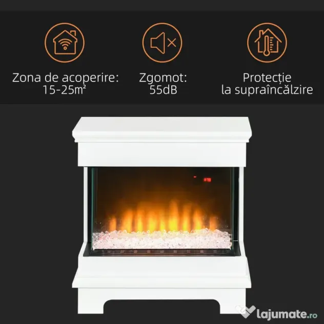 HOMCOM Șemineu Electric cu 10 Culori, Oprire Automată și Timer 12h, 61x28x66.5 cm, Alb
