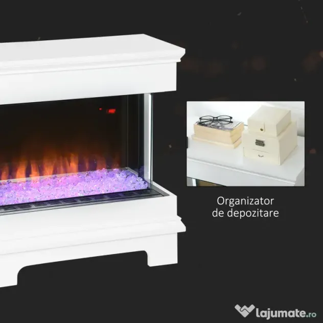 HOMCOM Șemineu Electric cu 10 Culori, Oprire Automată și Timer 12h, 61x28x66.5 cm, Alb