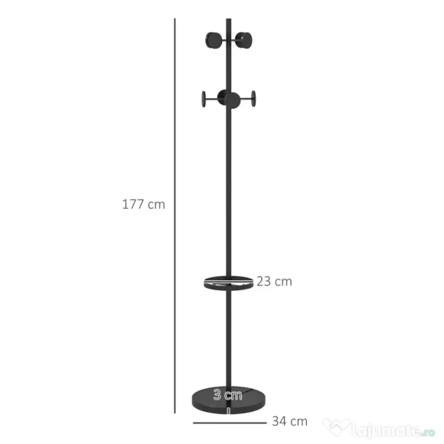 HOMCOM Suport pentru Haine și Umbrele, Cuier Independent cu 8 Carlige Rotunde pentru Haine, Pălării și Poșete, Φ34x177 cm, Negru | Aosom Romania