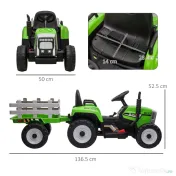 HOMCOM Tractor Electric cu Remorcă Detașabilă, Telecomandă, Muzică și Claxon, pentru Copii de 3-6 Ani, 136,5x50x52,5 cm, Verde | Aosom Romania 