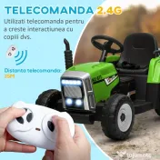 HOMCOM Tractor Electric cu Remorcă Detașabilă, Telecomandă, Muzică și Claxon, pentru Copii de 3-6 Ani, 136,5x50x52,5 cm, Verde | Aosom Romania 