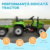 HOMCOM Tractor Electric cu Remorcă Detașabilă, Telecomandă, Muzică și Claxon, pentru Copii de 3-6 Ani, 136,5x50x52,5 cm, Verde | Aosom Romania 