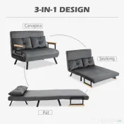 HOMCOM Canapea extensibilă 3 în 1 din material cu efect de catifea cu spătar reglabil și 2 perne, 102x73x81 cm, gri închis 