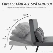 HOMCOM Canapea extensibilă 3 în 1 din material cu efect de catifea cu spătar reglabil și 2 perne, 102x73x81 cm, gri închis 