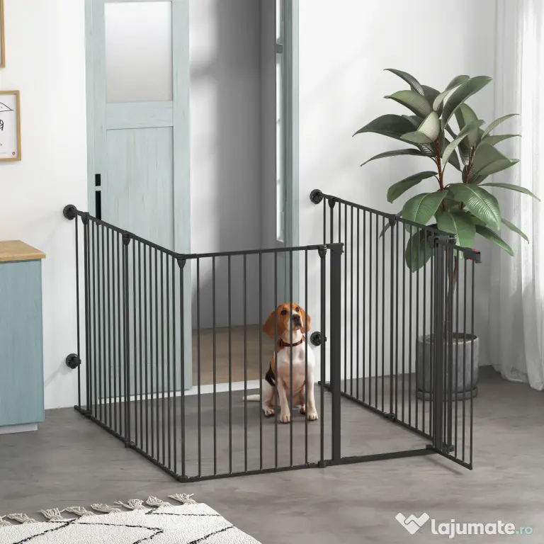 PawHut Poarta Pliabila pentru Caini de Talie Medie Siguranta Modulara Metal si Plastic 123x102x90cm Negru | Aosom Romania