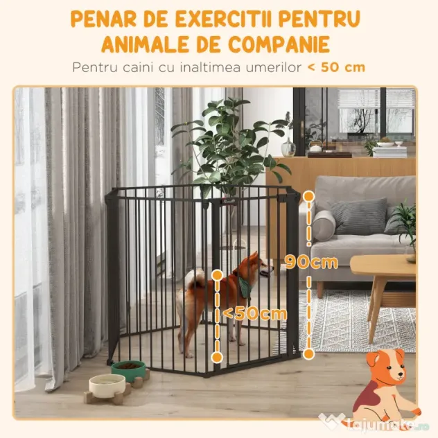 PawHut Poarta Pliabila pentru Caini de Talie Medie Siguranta Modulara Metal si Plastic 123x102x90cm Negru | Aosom Romania