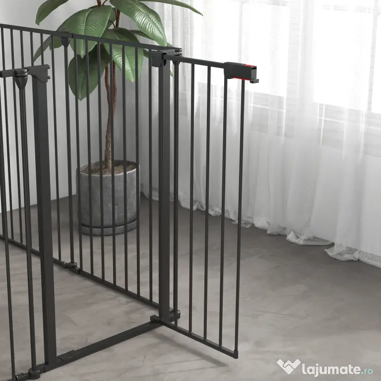 PawHut Poarta Pliabila pentru Caini de Talie Medie Siguranta Modulara Metal si Plastic 123x102x90cm Negru | Aosom Romania
